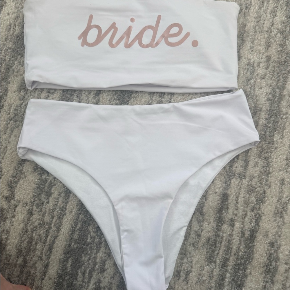 White 'bride.' Bikini Set with Rose Gold Script